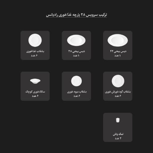 ترکیب سرویس نارنج چینی زرین رادیانس 6 نفره 28 پارچه