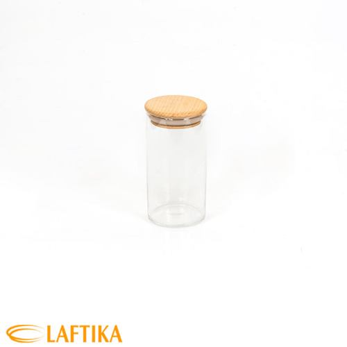 بانکه-ادویه-شیشه-ای-با-درب-چوبی-تریتی-قطر-6-ارتفاع-12-مدل-G-5004