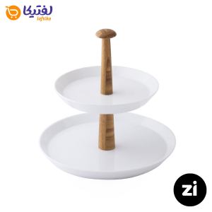 خرید ظرف پذیرایی دو طبقه چینی زرین (Zi) سفید با پایه چوبی