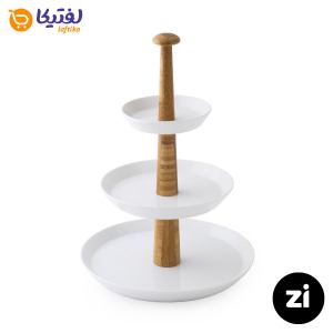 خرید ظرف پذیرایی سه طبقه چینی زرین (Zi) سفید با پایه چوبی
