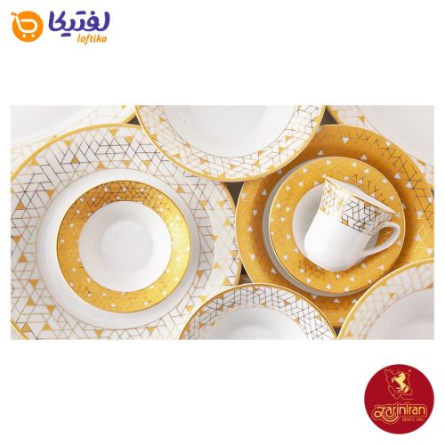 جزییات سرویس چینی زرین شهرزاد طرح ژئومتریکال طلایی12 نفره 108 پارچه