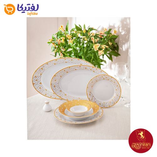 اقلام سرویس چینی زرین شهرزاد طرح ژئومتریکال طلایی12 نفره 108 پارچه