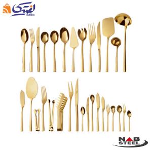سرویس 124 پارچه ناب استیل مدل فلورانس طلایی PVD جعبه چوبی