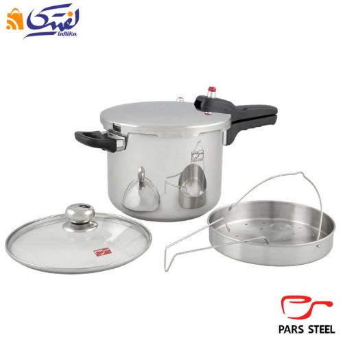 ديگ زودپز استیل کف سه لایه پارس ۶ ليتری با در پيركس و سبد بخارپز
