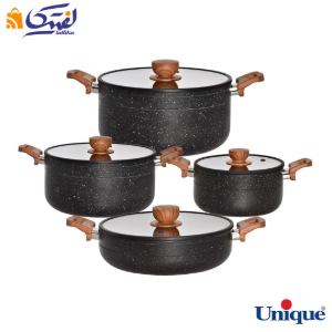 سرویس قابلمه 8 پارچه یونیک مدل رویال مشکی کف گرانیت درب سیلیکون دسته چوبی UN-8184