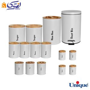 سرویس آشپزخانه یونیک 16 پارچه UN-8058 طوسی روشن با درب بامبو