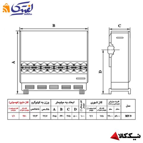 مشخصات بخاری گازی نیک کالا مدل ایده آل MN9