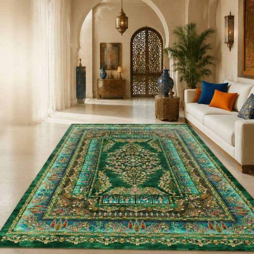مشخصات فرش لچک ترنج سرو سبز رزالین تراکم 3600 سنگین کالکشن ریماز A3002-4