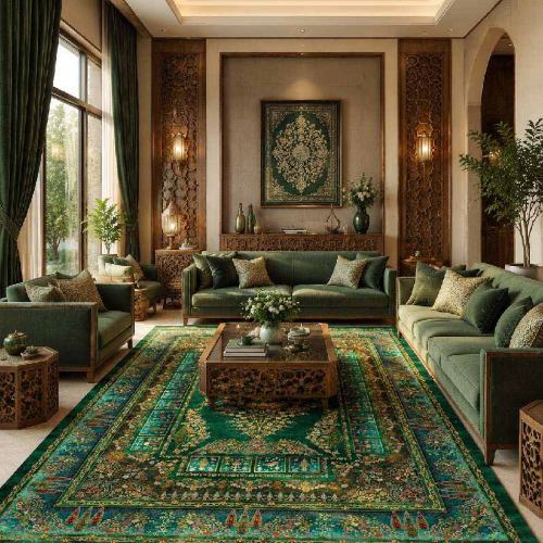 نقشه فرش لچک ترنج سرو سبز رزالین تراکم 3600 سنگین کالکشن ریماز A3002-4