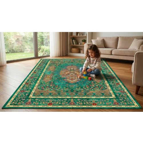 نقشه فرش لچک ترنج سبز رزالین تراکم 3600 سنگین کالکشن ریماز A3058-4