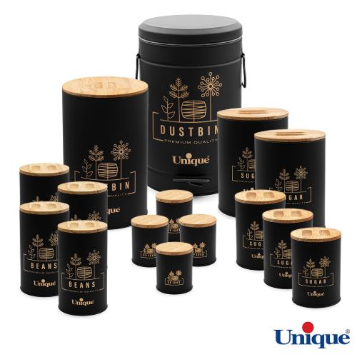 سرویس آشپزخانه 15 پارچه یونیک فانتزی مشکی گل درب بامبو UN-8053