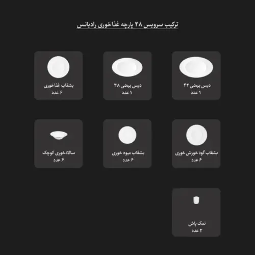ترکیب سرویس نارنج چینی زرین رادیانس 6 نفره 28 پارچه