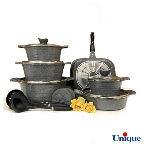 سرویس قابلمه گرانیتی یونیک 15 پارچه طوسی نقره ای لاین UN-7978