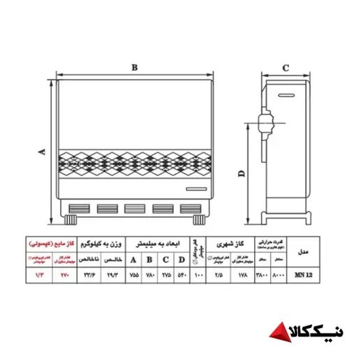 مشخصات بخاری گازی نیک کالا مدل مرجان MN12