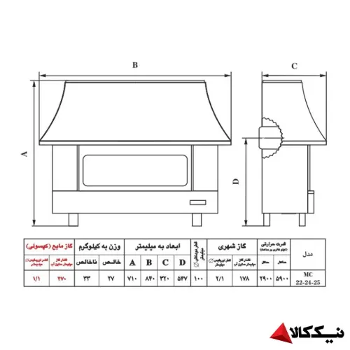 قیمت بخاری گازی شومینه ای نیک کالا مدل ثمین MC25